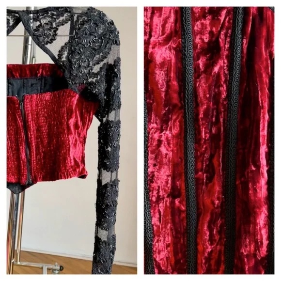 Vintage KATZ Womens Set Handmade Red Velvet Corset Top Lace Black Bead Skirt M - Picture 4 of 12